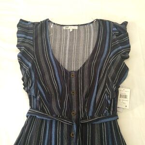 Jolt women's striped ruffle sleeve v neck button down tie waist belt midi dress